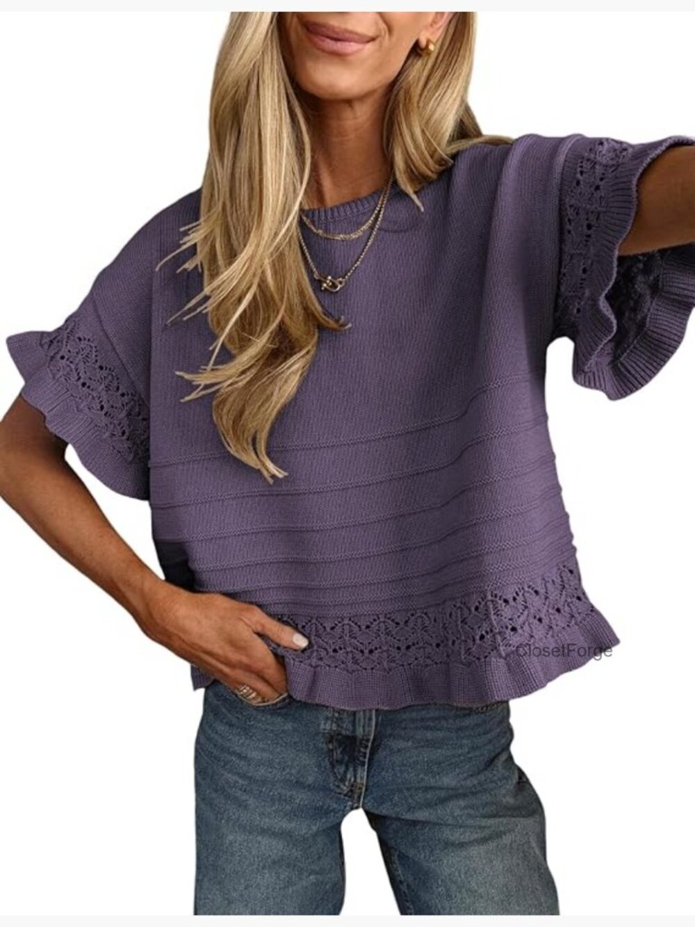 Short Sleeve Crochet Knit Pullover Ruffle Hem Crew Neck Blouse Top